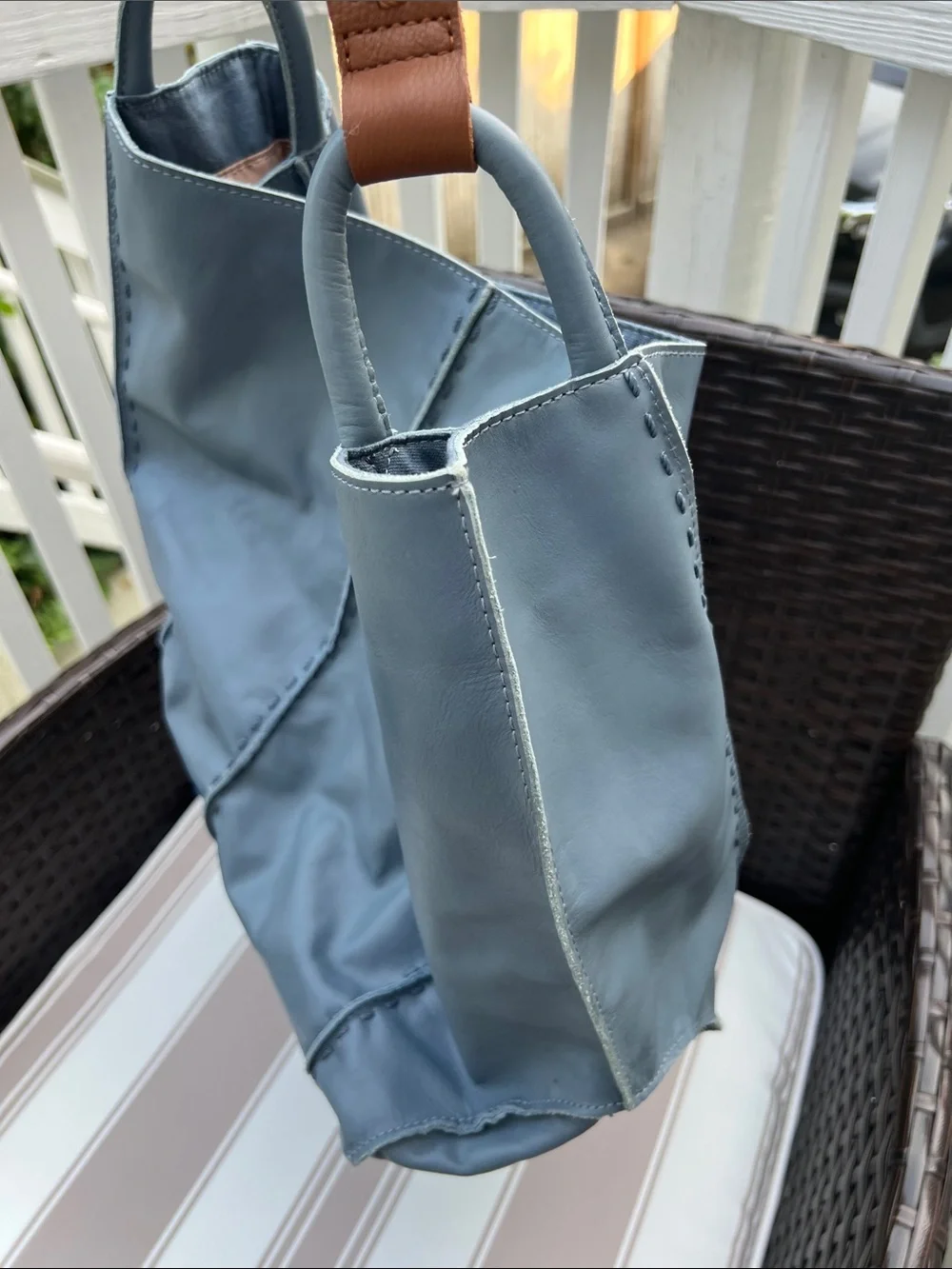The Sak Two-Tone Blue Leather Tote with Tan Strap